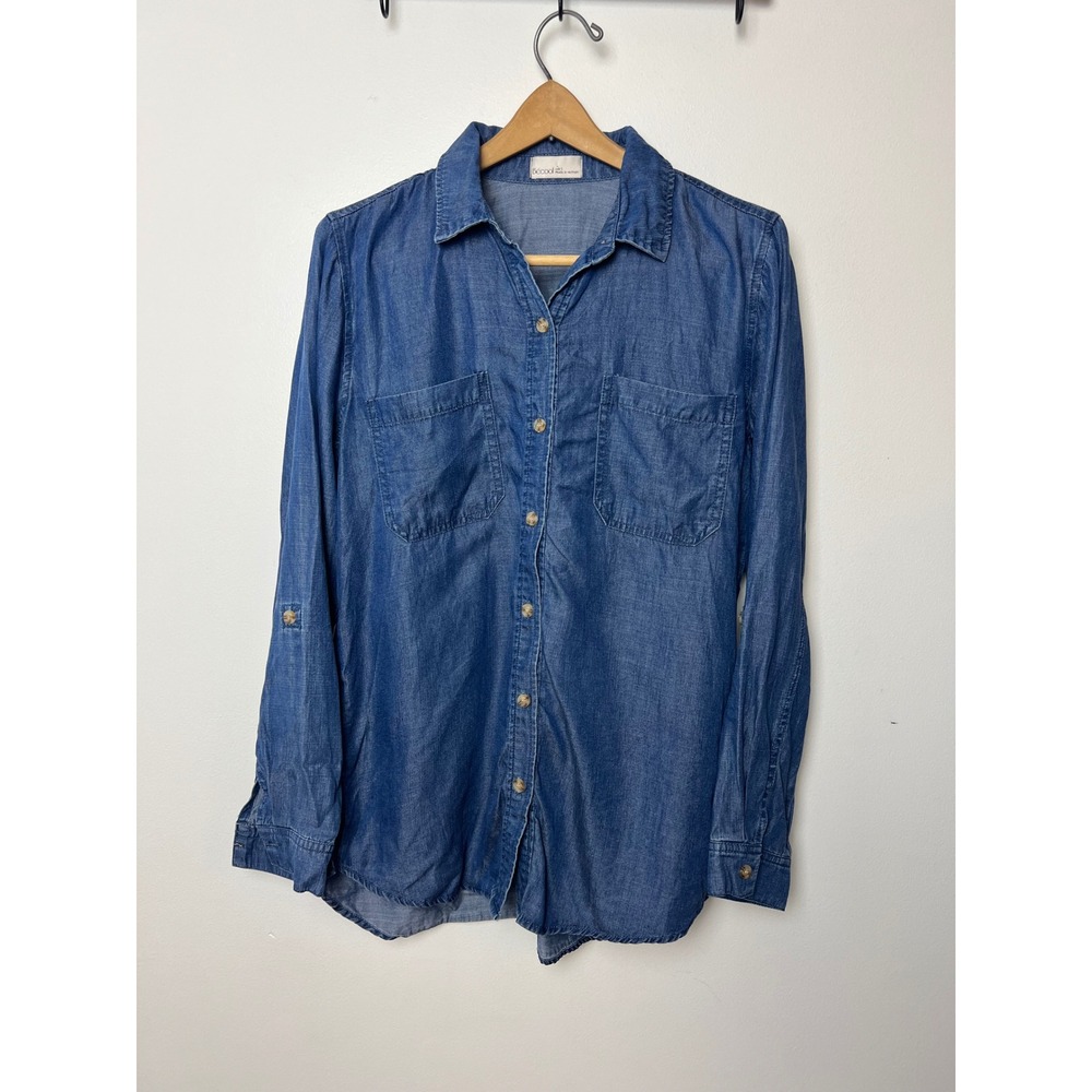 Becool Womens Blue Tencel Denim Chambray Button Down Shirt Roll Tab Sleeve Small